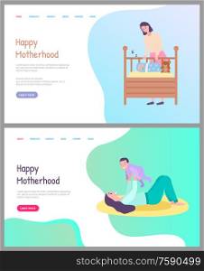 Happy motherhood vector, woman caring for newborn child sleeping in cradle covered with warm blanket. Childhood and playing with baby laying mat. Website or webpage template, landing page flat style. Happy Motherhood, Mother Playing Caring for Kid