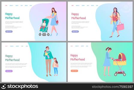 Happy motherhood vector, woman walking with kid sitting in perambulator, mother and child. Care for children, mom and pram, daughter and woman. Website or webpage template, landing page flat style. Happy Motherhood, Mom with Perambulator and Kid