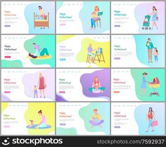 Happy motherhood vector, woman with baby bathing kid, walking with child in perambulator, reading book and looking at infant sleeping in cradle. Website or webpage template, landing page flat style. Happy Motherhood Mother with Babies Website Set