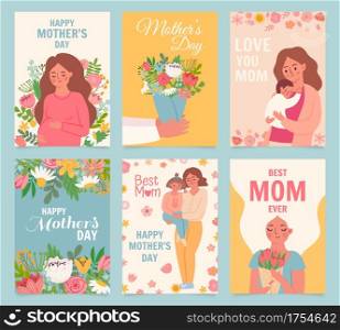 Happy mothers day card. Best mom ever, flower bouquet gift for mother, woman hug baby and daughter. Mothers and children poster vector set. Illustration mother greeting holiday card. Happy mothers day card. Best mom ever, flower bouquet gift for mother, woman hug baby and daughter. Mothers and children poster vector set