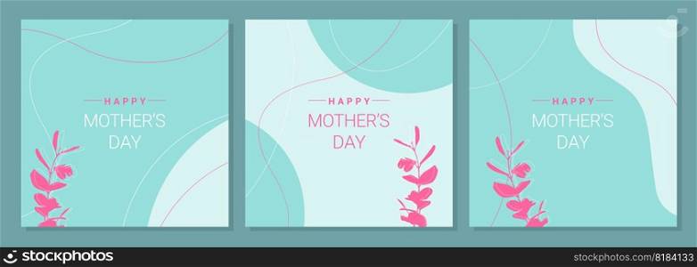 Happy Mothers Day. Greeting card set boho style blue color. Mothers day banner or poster design template.