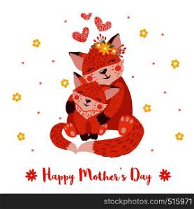 Happy mothers day greeting card with cute foxes in hand drawn style. Baby and mother together. Nursery concept. Vector illustration.. Happy mothers day card with cute foxes.