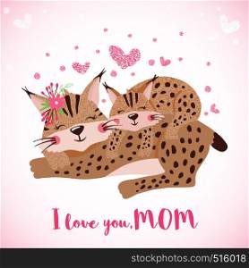Happy mothers day greeting card with cute linxes in hand drawn style. Forest animals. Baby and mother together. Nursery concept. Vector illustration.. Happy mothers day card with cute lynxes.