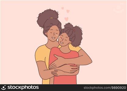 Happy mothers day holiday celebration, love between mother and daughter concept. Young afro american mother cartoon character embracing and having fun together with with cute little daughter . Happy mothers day holiday celebration, love between mother and daughter concept
