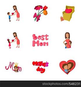 Happy mothers day icons set. Cartoon illustration of 9 happy mothers day vector icons for web. Happy mothers day icons set, cartoon style