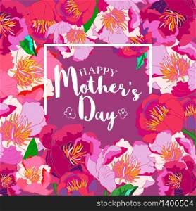 Happy Mothers Day lettering. Mothers day greeting card with Blooming Pink Flowers. Vector illustration.. Happy Mothers Day lettering. Mothers day greeting card with Bloo