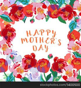 Happy Mothers Day lettering. Mothers day greeting card with Blooming Red Flowers. Vector illustration.. Happy Mothers Day lettering. Mothers day greeting card with Bloo