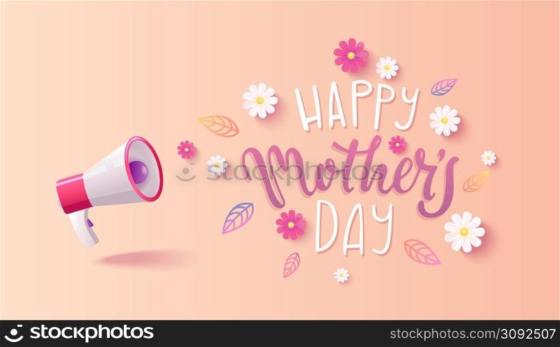 Happy mothers day. Megaphone with greeting text in colorful summer flowers.Template for advertise,announce,web and flyers for spring holiday.Congratulation pink card on May 8,2022.Vector illustration.. Happy mothers day. Megaphone with greeting text.