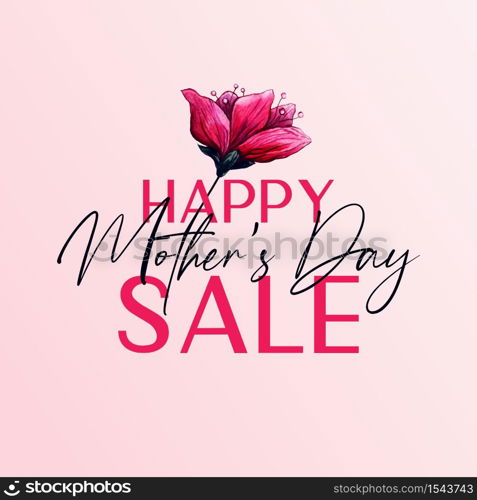 Happy Mothers Day Sale Banner with plum flower blossom. Pink watercolor flower, hand drawn romantic design with happy and elegant calligraphy wishes.. Happy Mothers Day Sale Banner design