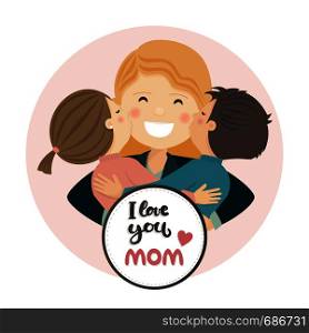 Happy mothers day scene. Family hug. Isolated vector illustration