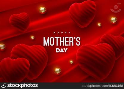 Happy Mothers Day sign with red velvet heart shapes and golden beads on red fabric background
