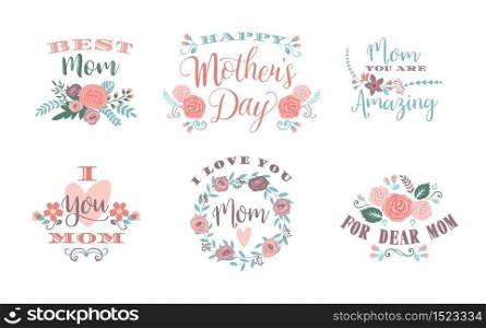 Happy Mothers Day. Vector emblems with lettering and flowers.. Happy Mothers Day. Vector emblems.