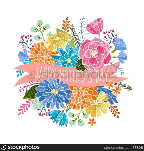 Happy Mothers Day vector floral card. Invitation, Save the date, RSVP, Reception, Thank you, birthday, holiday card template with floral background. Isolated.