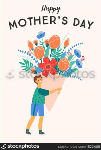 Happy Mothers Day. Vector illustration of boy with big bouquet of flowers. Design element for card, poster, banner, and other use.. Happy Mothers Day. Vector illustration of boy with big bouquet of flowers.