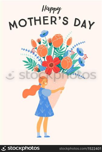 Happy Mothers Day. Vector illustration of girl with big bouquet of flowers. Design element for card, poster, banner, and other use.. Happy Mothers Day. Vector illustration of girl with big bouquet of flowers.