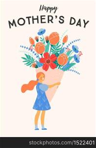 Happy Mothers Day. Vector illustration of girl with big bouquet of flowers. Design element for card, poster, banner, and other use.. Happy Mothers Day. Vector illustration of girl with big bouquet of flowers.