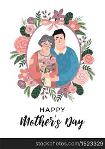 Happy Mothers Day. Vector illustration with man, woman and flowers. Design element for card, poster, banner, and other use.. Happy Mothers Day. Vector illustration with man, woman and flowers.