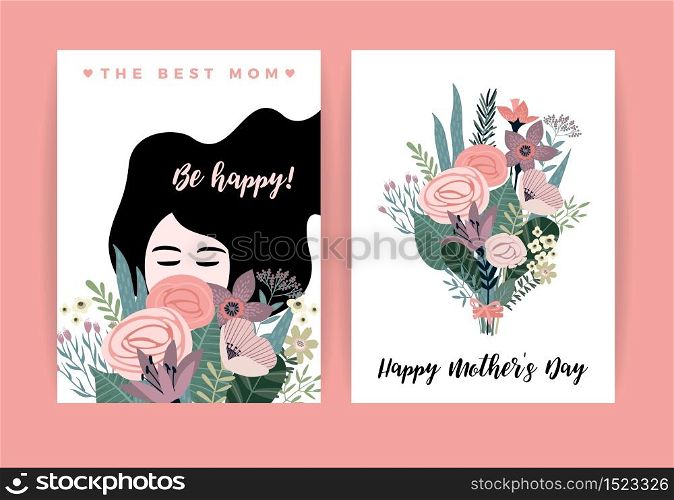 Happy Mothers Day. Vector illustration with woman and flowers. Design element for card, poster, banner, and other use.. Happy Mothers Day. Vector illustration with woman and flowers.