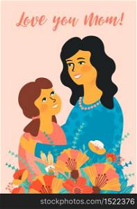 Happy Mothers Day. Vector illustration with women and child. Design element for card, poster, banner, and other use.. Happy Mothers Day. Vector illustration with women and child.