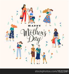 Happy Mothers Day. Vector illustration with women and children. Design element for card, poster, banner, and other use.. Happy Mothers Day. Vector illustration with women and children.