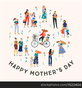 Happy Mothers Day. Vector illustration with women and children. Design element for card, poster, banner, and other use.. Happy Mothers Day. Vector illustration with women and children.