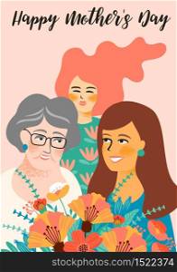 Happy Mothers Day. Vector illustration with women and flowers. Design element for card, poster, banner, and other use.. Happy Mothers Day. Vector illustration with women and flowers.