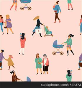 Happy Mothers Day. Vector seamless pattern with women and children. Design element for card, poster, banner, and other use.. Happy Mothers Day. Vector seamless pattern with women and children.