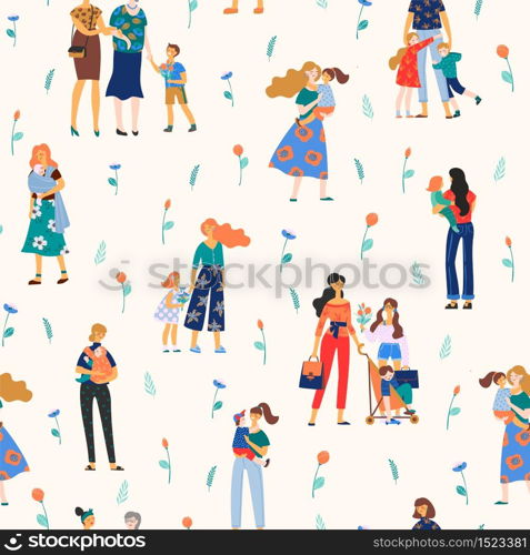 Happy Mothers Day. Vector seamless pattern with women and children. Design element for card, poster, banner, and other use.. Happy Mothers Day. Vector seamless pattern with women and children
