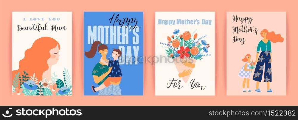 Happy Mothers Day. Vector templates with women and children. Design element for card, poster, banner, and other use.. Happy Mothers Day. Vector templates with women and children.