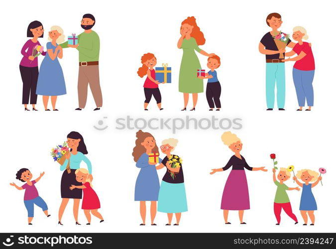 Happy mothers. Flat mother and children with presents and flowers bouquets. Love in family, motherhood. Son and daughters with gift, decent vector set. Illustration of colorful bouquet for woman. Happy mothers. Flat mother and children with presents and flowers bouquets. Love in family, motherhood. Son and daughters with gift, decent vector set