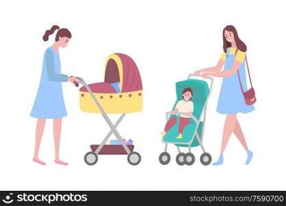 Happy mothers vector, woman with perambulators, kids sitting in pram flat style. Parent of boy sitting in carriage, lady walking with sleeping baby. Woman and Baby Mothers with Perambulators Set