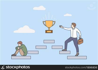 Happy motivated man on career steps walk to success or goal achievement, male in depression from business failure or loss. Never lose hope. Motivation, step by step. Flat vector illustration. . Motivated man on career steps to goal achievement