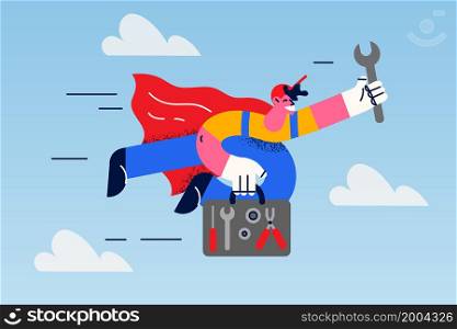 Happy motivated mechanic as superhero old key fly to client or customer. Smiling plumber or technician worker ready to help. Good quality service concept. Vector illustration, cartoon character. . Motivated mechanic as superhero fly to customer