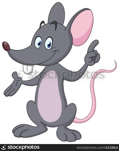 Happy mouse pointing and presenting with his hands