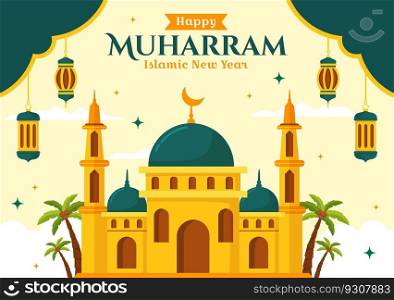 Happy Muharram Vector Illustration with Celebrating Islamic New Year in Flat Cartoon Hand Drawn Landing Page Background Templates