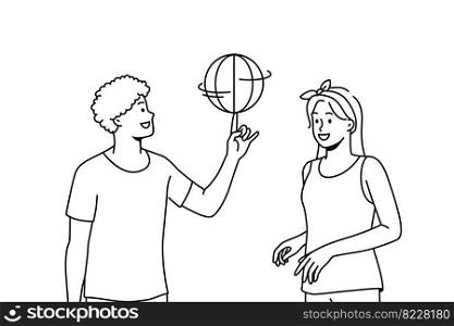 Happy multiracial friends have fun playing basketball outdoors. Smiling man and woman enjoy game on playground. Hobby and entertainment. Vector illustration. . Happy multiethnic couple play basketball 