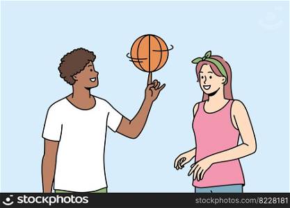 Happy multiracial friends have fun playing basketball outdoors. Smiling man and woman enjoy game on playground. Hobby and entertainment. Vector illustration. . Happy multiethnic couple play basketball 