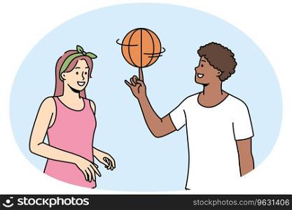 Happy multiracial friends have fun playing basketball outdoors. Smiling man and woman enjoy game on playground. Hobby and entertainment. Vector illustration.. Happy multiethnic couple play basketball