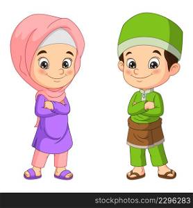 Happy muslim boy and girl cartoon