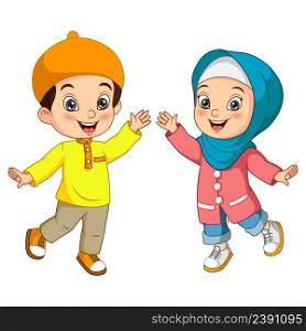 Happy muslim boy and girl cartoon