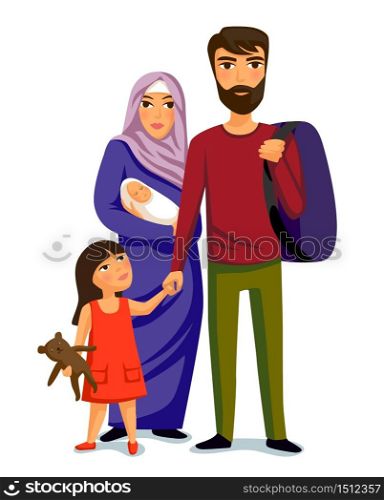 Happy muslim family- parents, their daughter and baby son on holidays. Vector illustration isolated on white background. Happy muslim family- parents, their daughter and baby son.