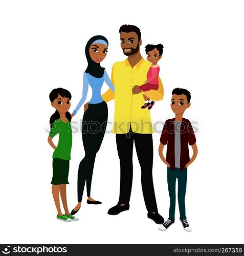 Happy muslim family- parents,their son and daughters. Cartoon Vector illustration isolated on white background. Happy muslim family- parents,their son and daughters