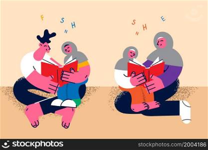 Happy muslim family with children rest on weekend study learn together. Smiling Islamic parents with kids read books. Education concept. Multicultural society. Vector illustration, cartoon character. . Happy muslim family with children read books