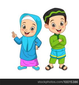 Happy muslim kid cartoon on white background