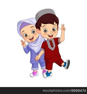 Happy muslim kid cartoon with peace sign