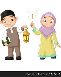 Happy Muslim kids with Quran Book and Ramadan Lantern