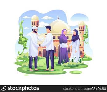 Happy Muslim people celebrate Eid Mubarak by shaking hands in the front of mosque vector illustration