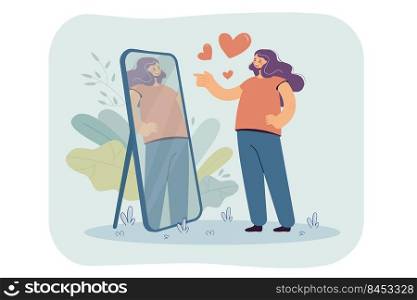 Happy narcissist girl looking at herself at mirror, admiring her beautiful reflection. Vector illustration for self love, proud, admiration, narcissism concept