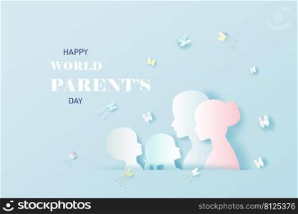 Happy National World Parents Day with Mom and Father, Children’s and Butterfly, Love of Father and Mother for Children, Vector Illustration Template Design in Blue Background. For World Parents Day.