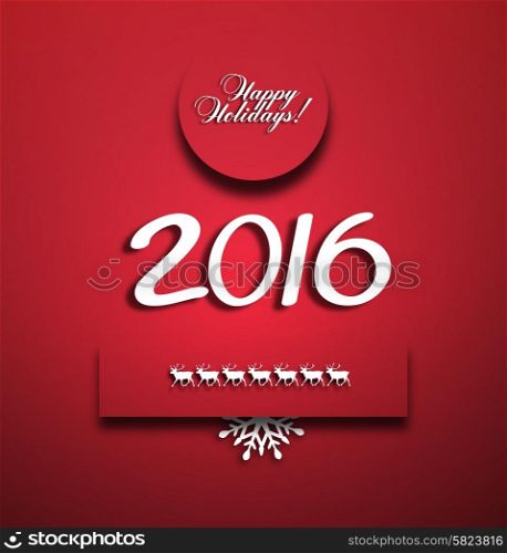 Happy New 2016 Year Background With Numbers, Snowflakes, Deers And Title Inscription With Shadows